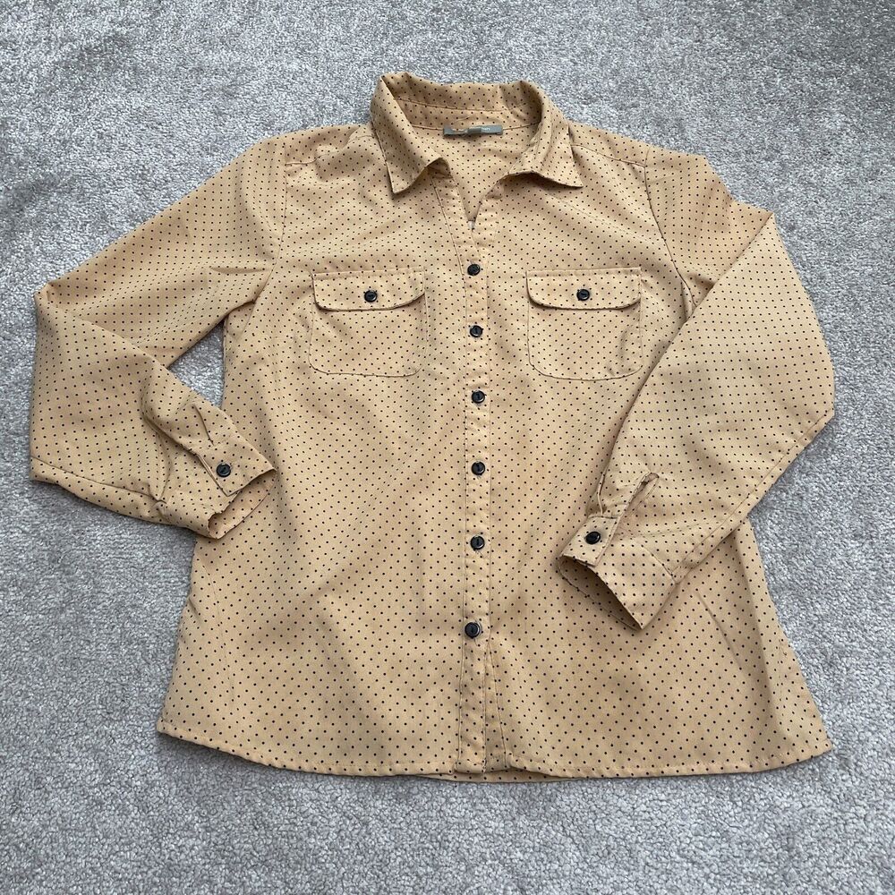NY Collection Polka Dot Button Down Shirt Womens PS Brown Long Sleeve Casual Top